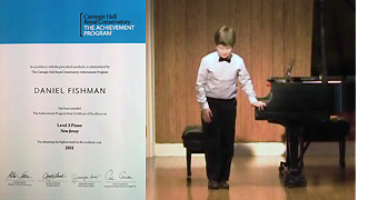YM piano studio news: The student of Central NJ piano teacher Yevgeny Morozov has been awarded The Carnegie Hall Achievement Program State Certificate of Excellence (Ney Jersey, 2011) for obtaining THE HIGHEST MARK IN ACADEMIC YEAR 2011.